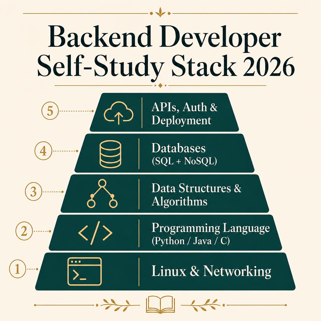 Backend developer self-study stack 2026 — a five-layer pyramid showing Linux & networking at the base, programming language, data structures and algorithms, databases, and APIs/auth/deployment at the top.
