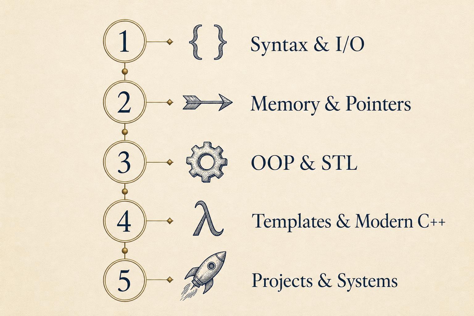 A five-stage roadmap from Syntax & I/O through Memory & Pointers, OOP & STL, Templates & Modern C++, to Projects & Systems