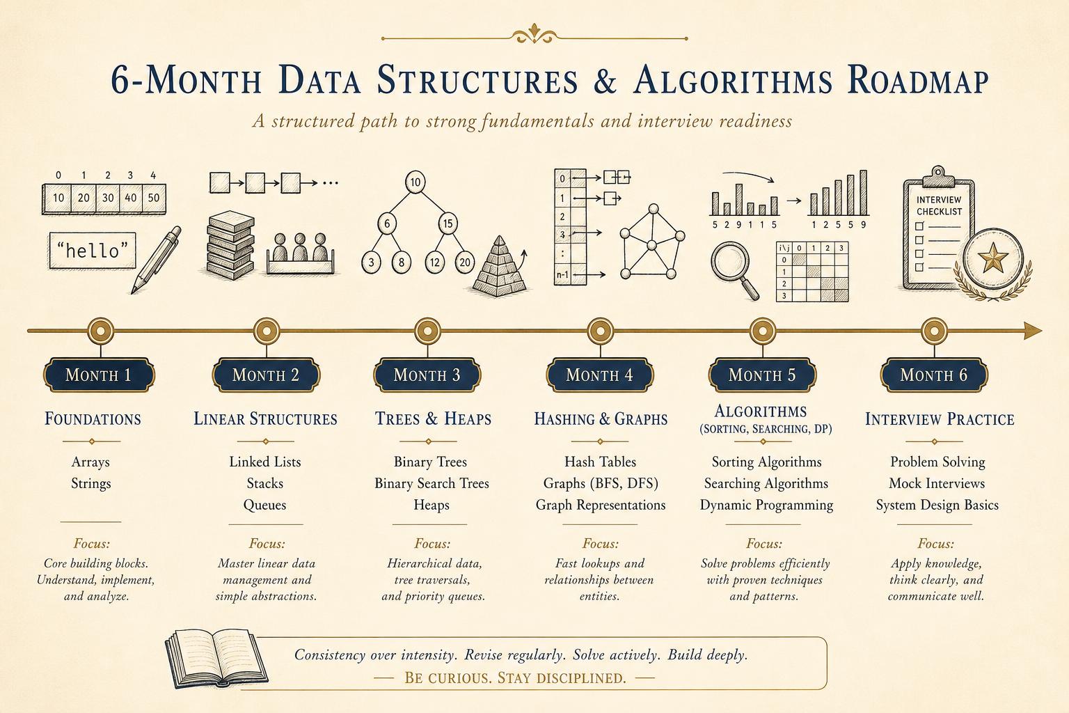 Six-month data structures and algorithms roadmap — a timeline from foundations through interview practice.